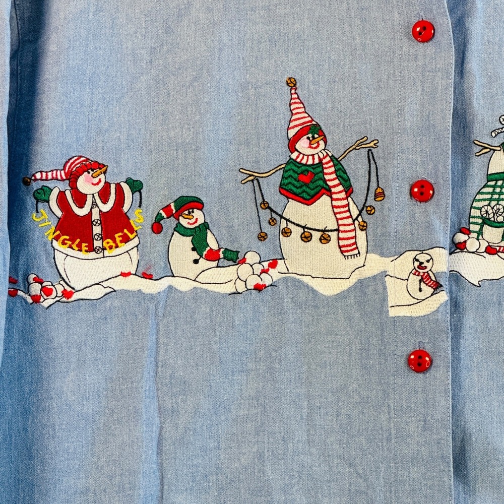 Vtg Christmas Snowman Shirt Chambray Denim Holiday Button Down Top S Festive - Picture 9 of 11